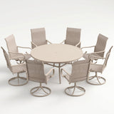 VICLLAX 9-Piece Patio Furniture Set - 60/63" Diameter Round Slat Top Dining Table with 8 Swivel Mesh Chairs