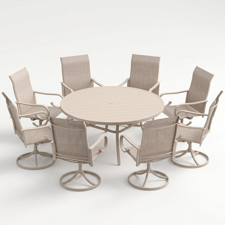 VICLLAX 9-Piece Patio Furniture Set - 60/63" Diameter Round Slat Top Dining Table with 8 Swivel Mesh Chairs