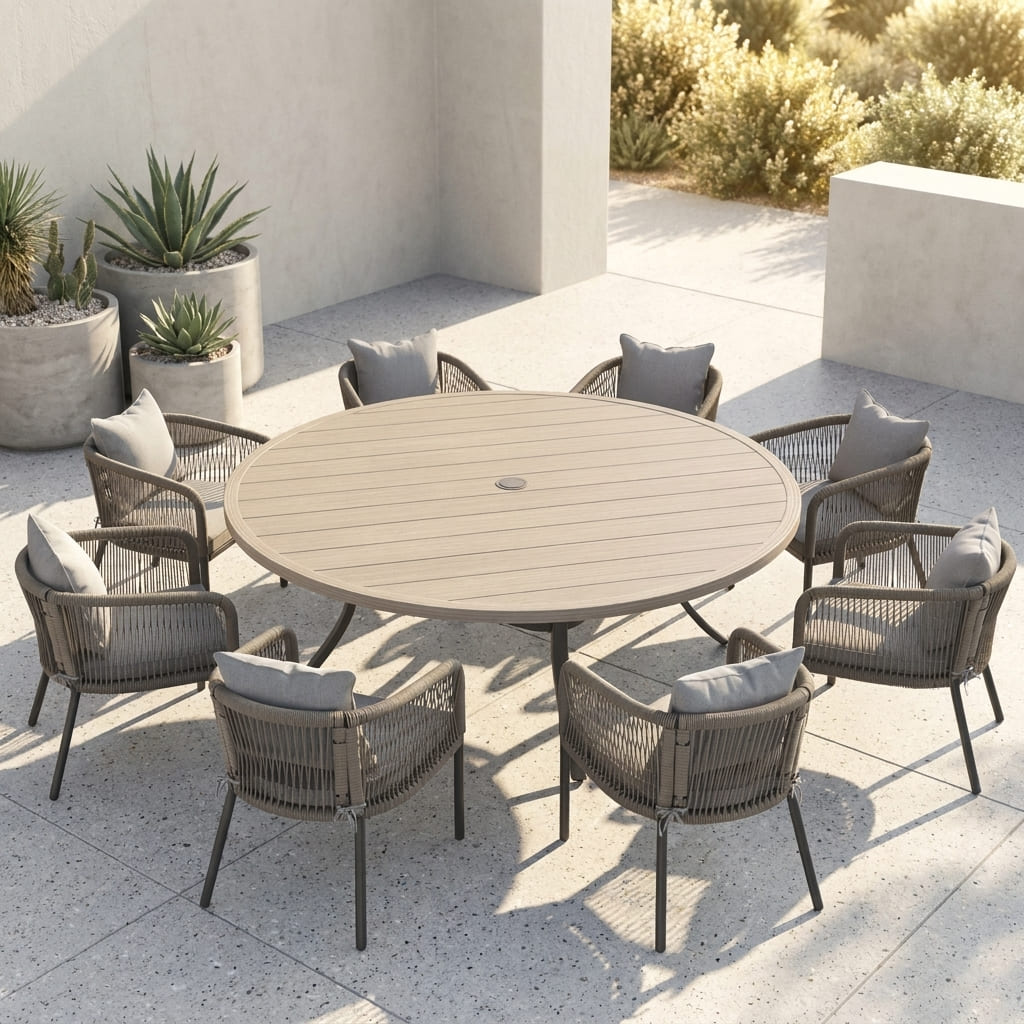 Vicllax 9-Piece Outdoor Wicker Patio Dining Set - 60 or 63-Inch Round Table with Umbrella Hole and Aria Modern Woven Rope Armchair