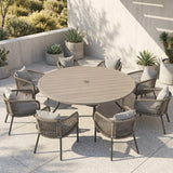 Vicllax 9-Piece Outdoor Wicker Patio Dining Set - 60 or 63-Inch Round Table with Umbrella Hole and Aria Modern Woven Rope Armchair