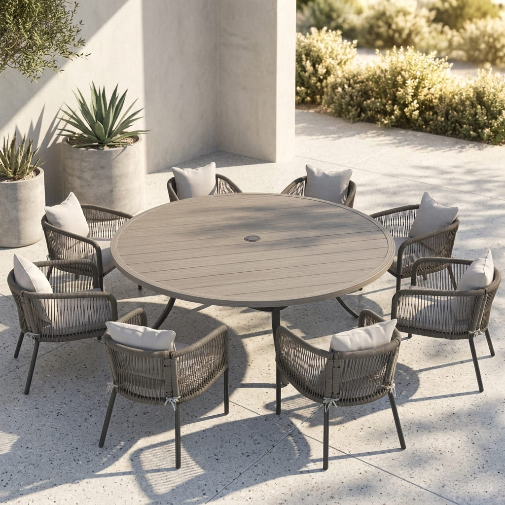 Vicllax 9-Piece Outdoor Wicker Patio Dining Set - 60 or 63-Inch Round Table with Umbrella Hole and Aria Modern Woven Rope Armchair