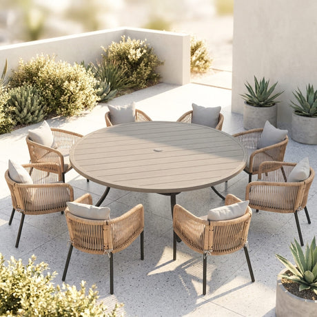 Vicllax 9-Piece Outdoor Wicker Patio Dining Set - 60 or 63-Inch Round Table with Umbrella Hole and Aria Modern Woven Rope Armchair