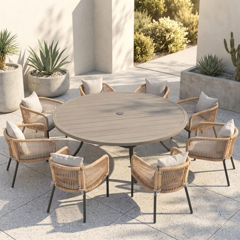 Vicllax 9-Piece Outdoor Wicker Patio Dining Set - 60 or 63-Inch Round Table with Umbrella Hole and Aria Modern Woven Rope Armchair