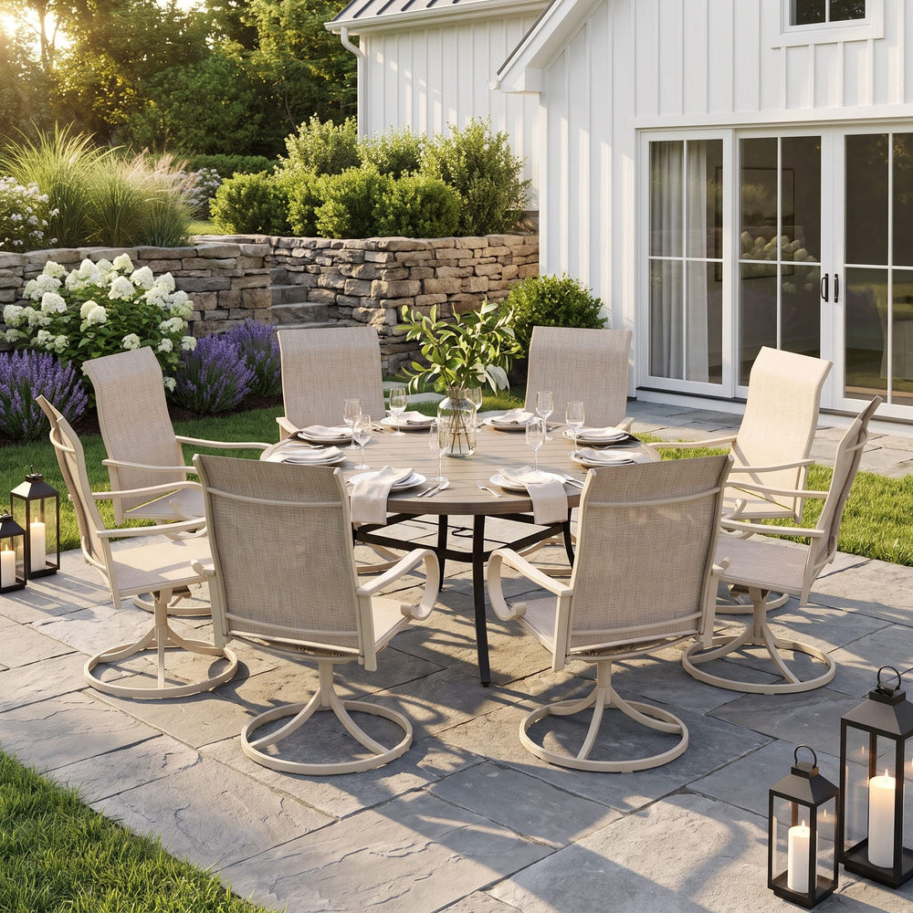 VICLLAX 9-Piece Patio Furniture Set - 60/63" Diameter Round Slat Top Dining Table with 8 Swivel Mesh Chairs
