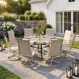 VICLLAX 9-Piece Patio Furniture Set - 60/63" Diameter Round Slat Top Dining Table with 8 Swivel Mesh Chairs