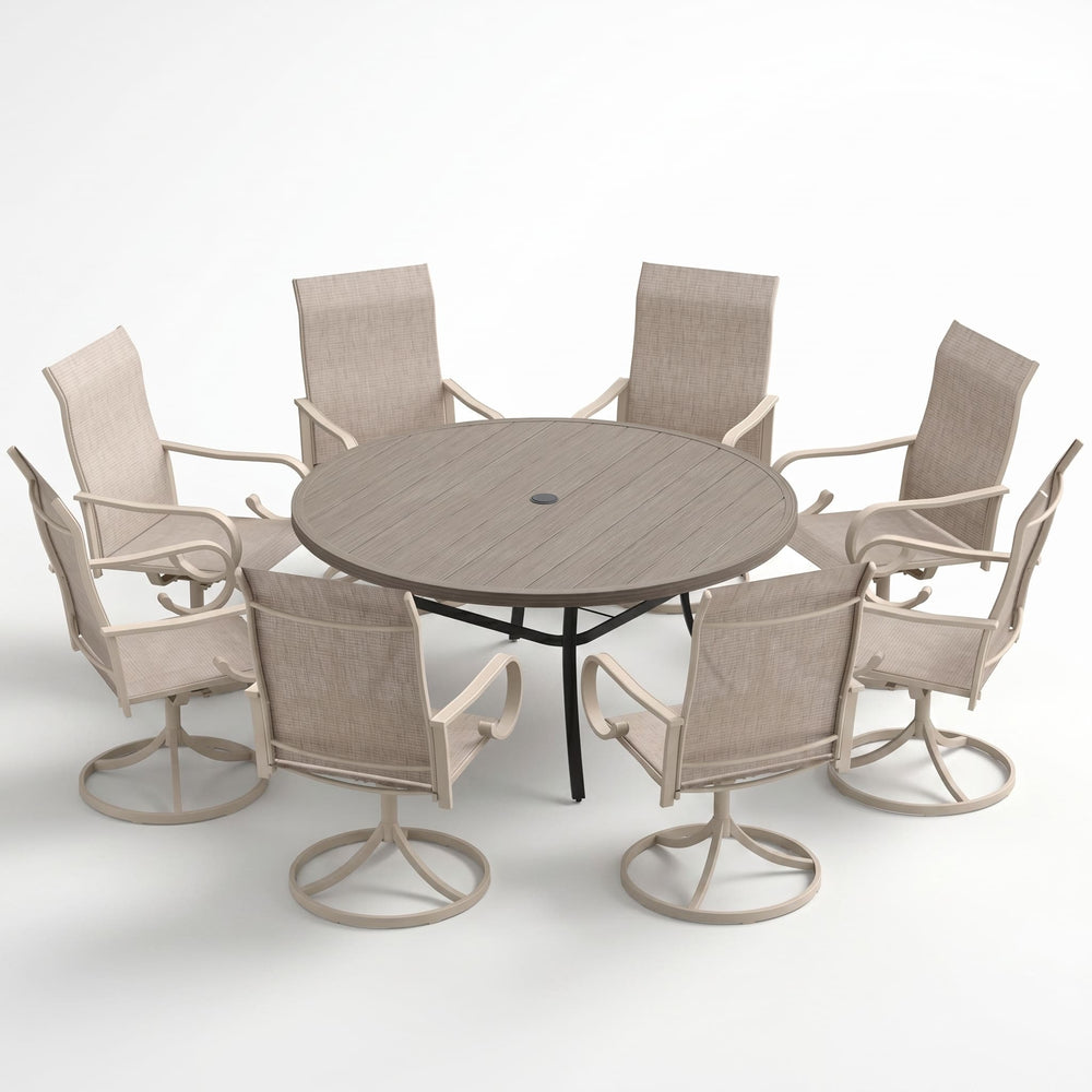 VICLLAX 9-Piece Patio Furniture Set - 60/63" Diameter Round Slat Top Dining Table with 8 Swivel Mesh Chairs