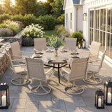 VICLLAX 9-Piece Patio Furniture Set - 60/63" Diameter Round Slat Top Dining Table with 8 Swivel Mesh Chairs