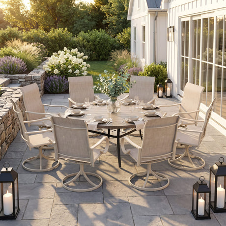 VICLLAX 9-Piece Patio Furniture Set - 60/63" Diameter Round Slat Top Dining Table with 8 Swivel Mesh Chairs