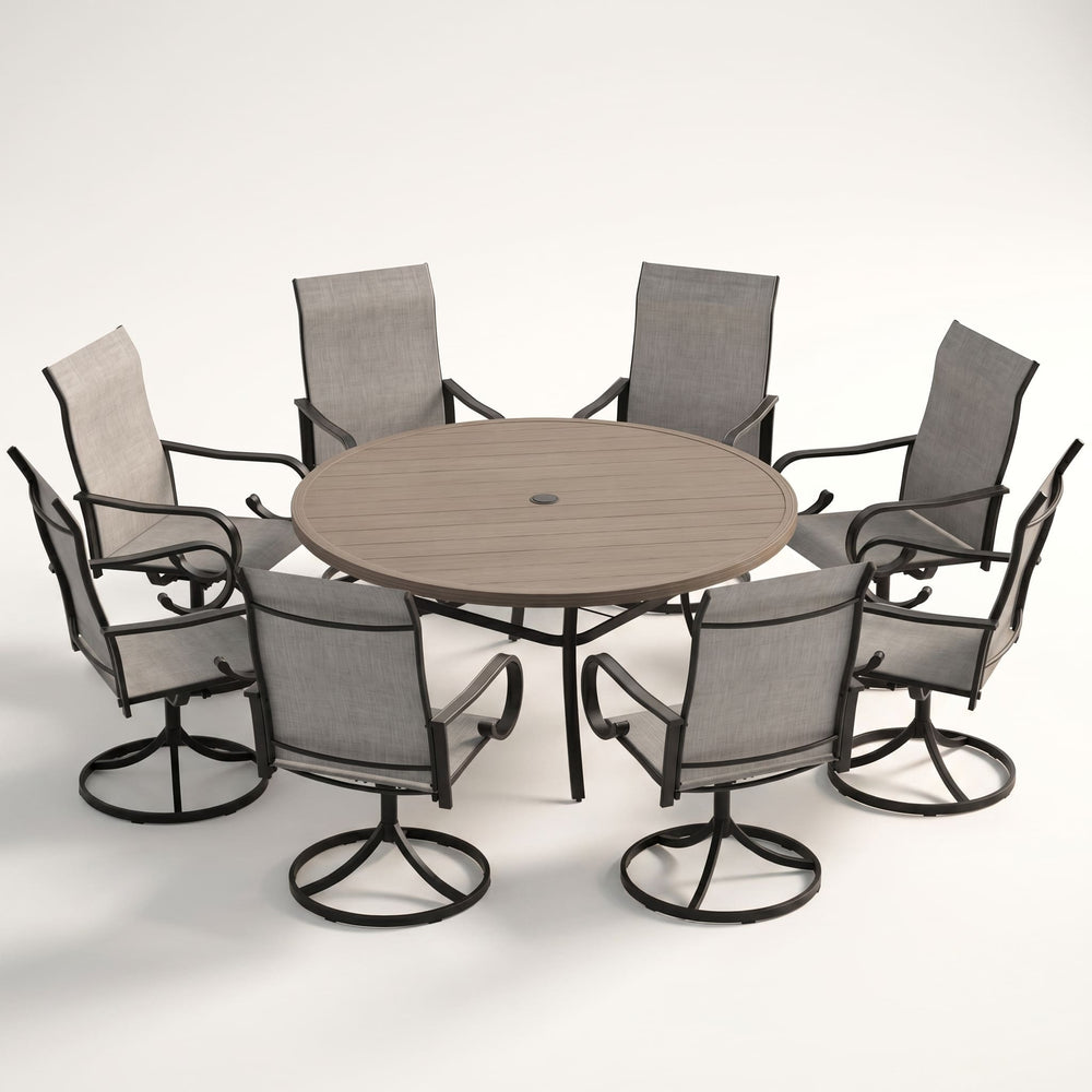 VICLLAX 9-Piece Patio Furniture Set - 60/63" Diameter Round Slat Top Dining Table with 8 Swivel Mesh Chairs