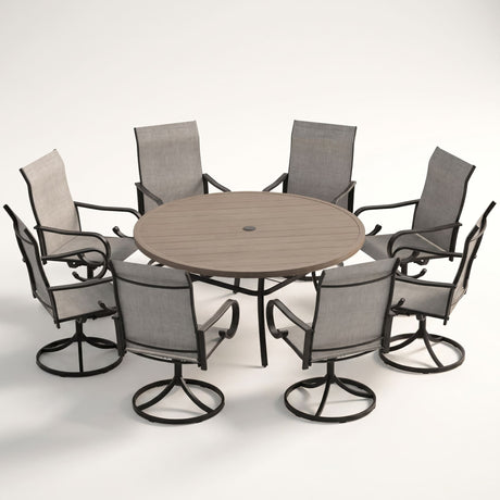 VICLLAX 9-Piece Patio Furniture Set - 60/63" Diameter Round Slat Top Dining Table with 8 Swivel Mesh Chairs