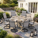 VICLLAX 9-Piece Patio Furniture Set - 60/63" Diameter Round Slat Top Dining Table with 8 Swivel Mesh Chairs
