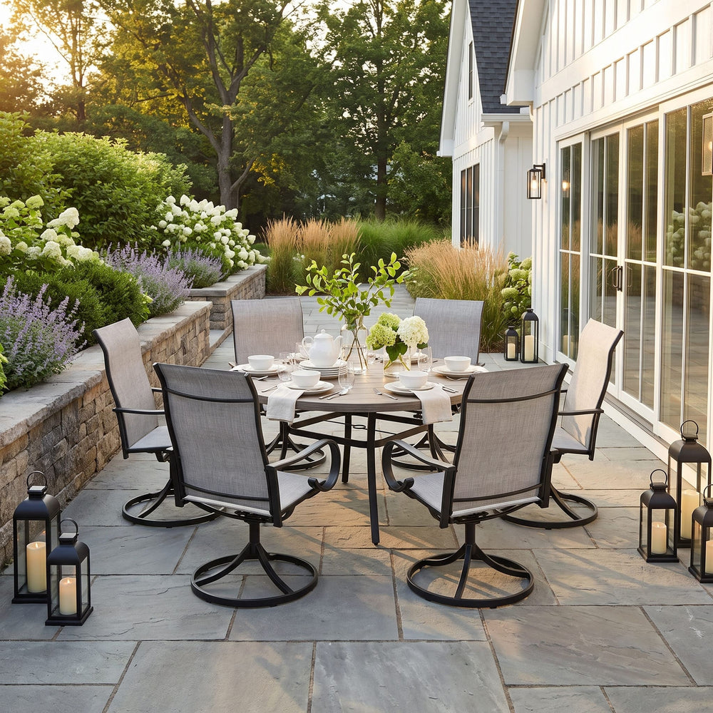 VICLLAX 9-Piece Patio Furniture Set - 60/63" Diameter Round Slat Top Dining Table with 8 Swivel Mesh Chairs
