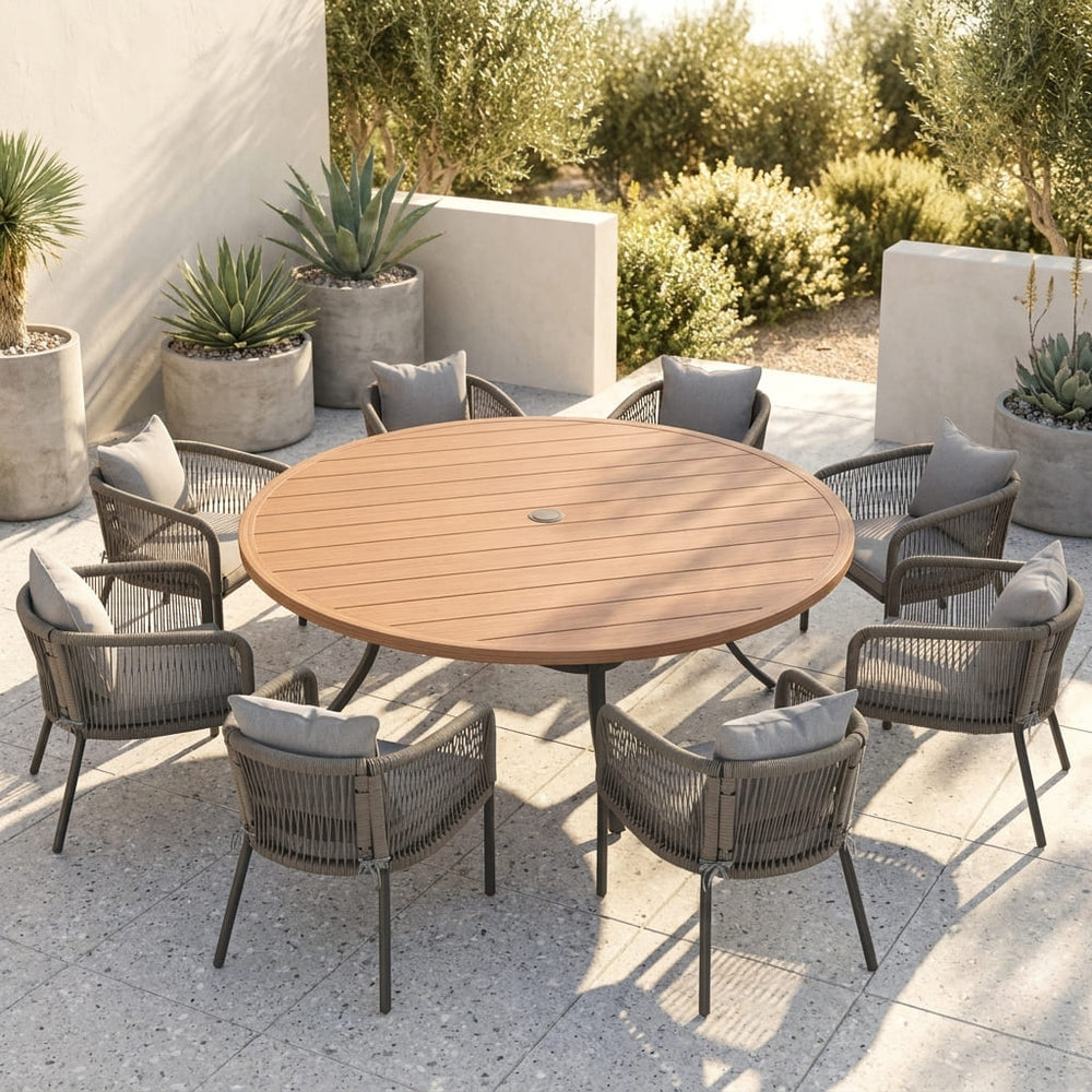 Vicllax 9-Piece Outdoor Wicker Patio Dining Set - 60 or 63-Inch Round Table with Umbrella Hole and Aria Modern Woven Rope Armchair