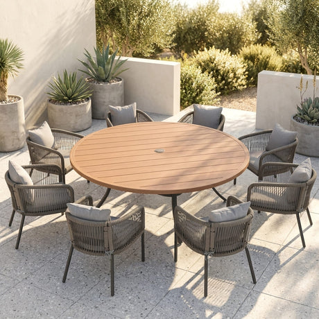 Vicllax 9-Piece Outdoor Wicker Patio Dining Set - 60 or 63-Inch Round Table with Umbrella Hole and Aria Modern Woven Rope Armchair