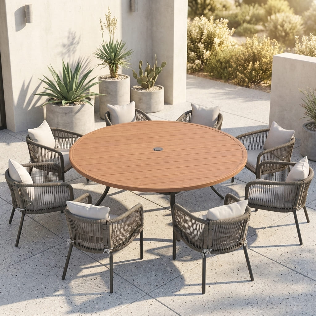 Vicllax 9-Piece Outdoor Wicker Patio Dining Set - 60 or 63-Inch Round Table with Umbrella Hole and Aria Modern Woven Rope Armchair