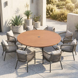 Vicllax 9-Piece Outdoor Wicker Patio Dining Set - 60 or 63-Inch Round Table with Umbrella Hole and Aria Modern Woven Rope Armchair