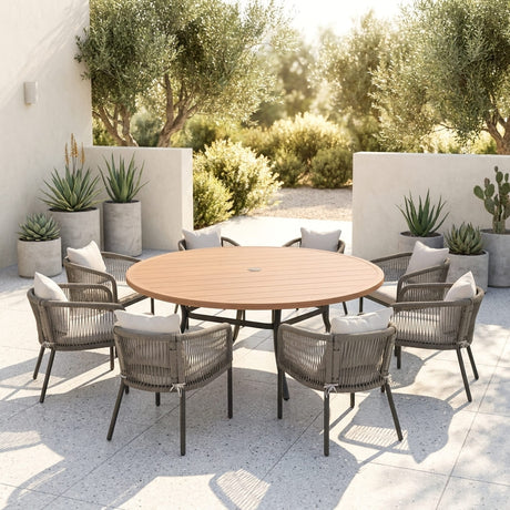 Vicllax 9-Piece Outdoor Wicker Patio Dining Set - 60 or 63-Inch Round Table with Umbrella Hole and Aria Modern Woven Rope Armchair