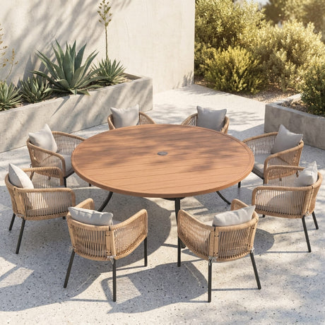 Vicllax 9-Piece Outdoor Wicker Patio Dining Set - 60 or 63-Inch Round Table with Umbrella Hole and Aria Modern Woven Rope Armchair