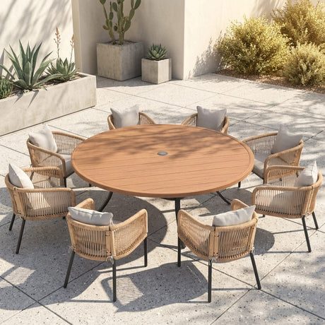 Vicllax 9-Piece Outdoor Wicker Patio Dining Set - 60 or 63-Inch Round Table with Umbrella Hole and Aria Modern Woven Rope Armchair