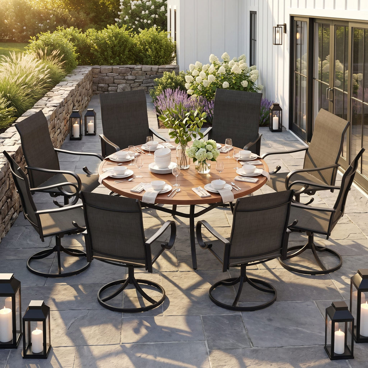 VICLLAX 9-Piece Patio Furniture Set - 60/63" Diameter Round Slat Top Dining Table with 8 Swivel Mesh Chairs