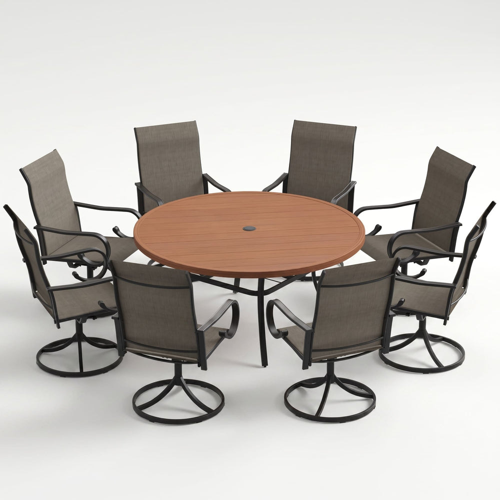 VICLLAX 9-Piece Patio Furniture Set - 60/63" Diameter Round Slat Top Dining Table with 8 Swivel Mesh Chairs
