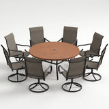 VICLLAX 9-Piece Patio Furniture Set - 60/63" Diameter Round Slat Top Dining Table with 8 Swivel Mesh Chairs
