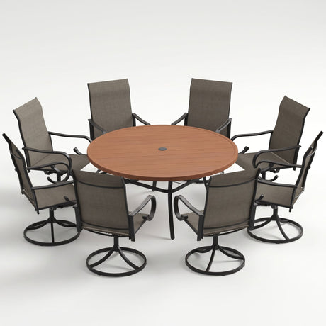 VICLLAX 9-Piece Patio Furniture Set - 60/63" Diameter Round Slat Top Dining Table with 8 Swivel Mesh Chairs