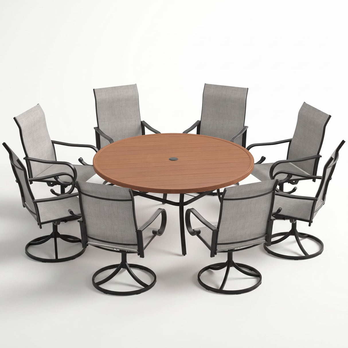 VICLLAX 9-Piece Patio Furniture Set - 60/63" Diameter Round Slat Top Dining Table with 8 Swivel Mesh Chairs