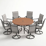 VICLLAX 9-Piece Patio Furniture Set - 60/63" Diameter Round Slat Top Dining Table with 8 Swivel Mesh Chairs