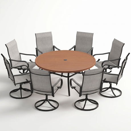 VICLLAX 9-Piece Patio Furniture Set - 60/63" Diameter Round Slat Top Dining Table with 8 Swivel Mesh Chairs