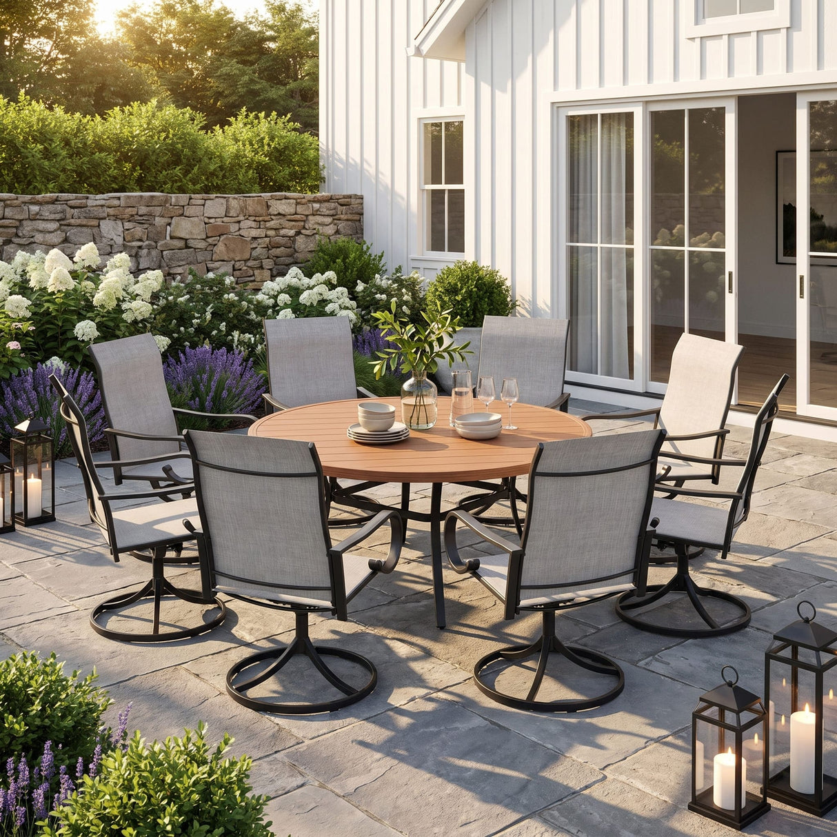 VICLLAX 9-Piece Patio Furniture Set - 60/63" Diameter Round Slat Top Dining Table with 8 Swivel Mesh Chairs