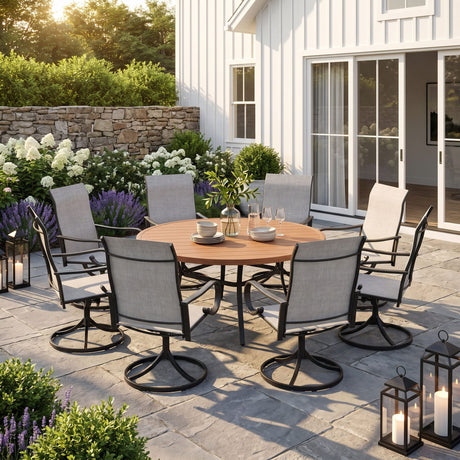 VICLLAX 9-Piece Patio Furniture Set - 60/63" Diameter Round Slat Top Dining Table with 8 Swivel Mesh Chairs