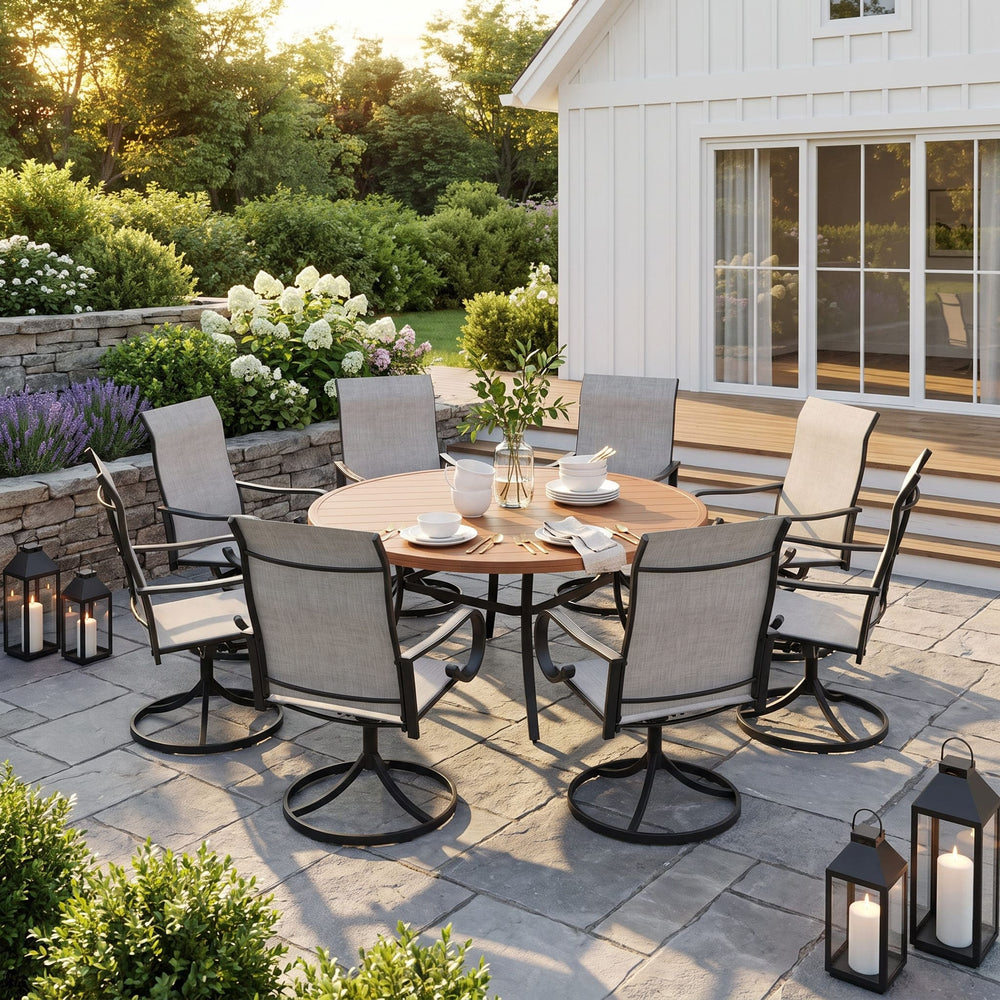 VICLLAX 9-Piece Patio Furniture Set - 60/63" Diameter Round Slat Top Dining Table with 8 Swivel Mesh Chairs