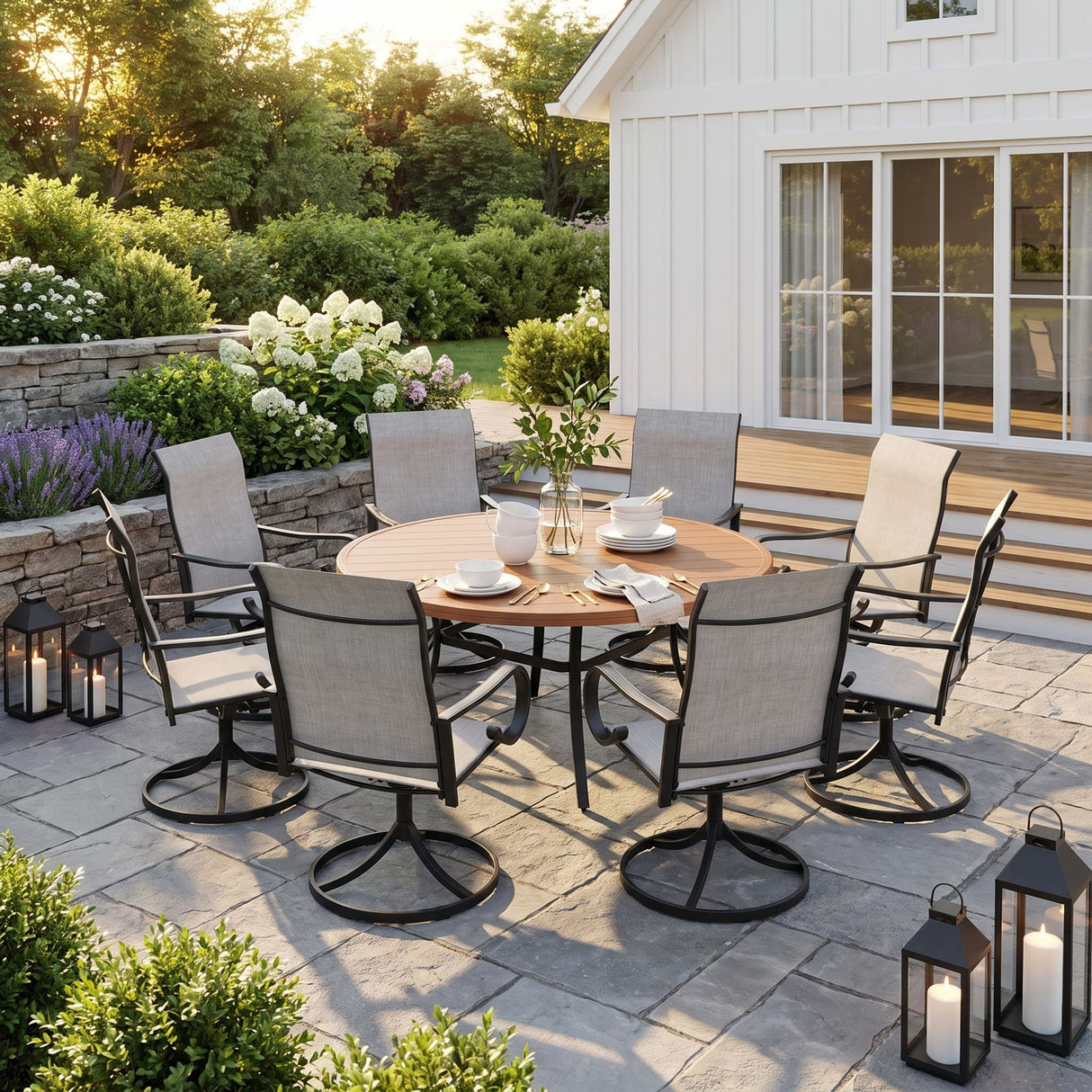 VICLLAX 9-Piece Patio Furniture Set - 60/63" Diameter Round Slat Top Dining Table with 8 Swivel Mesh Chairs