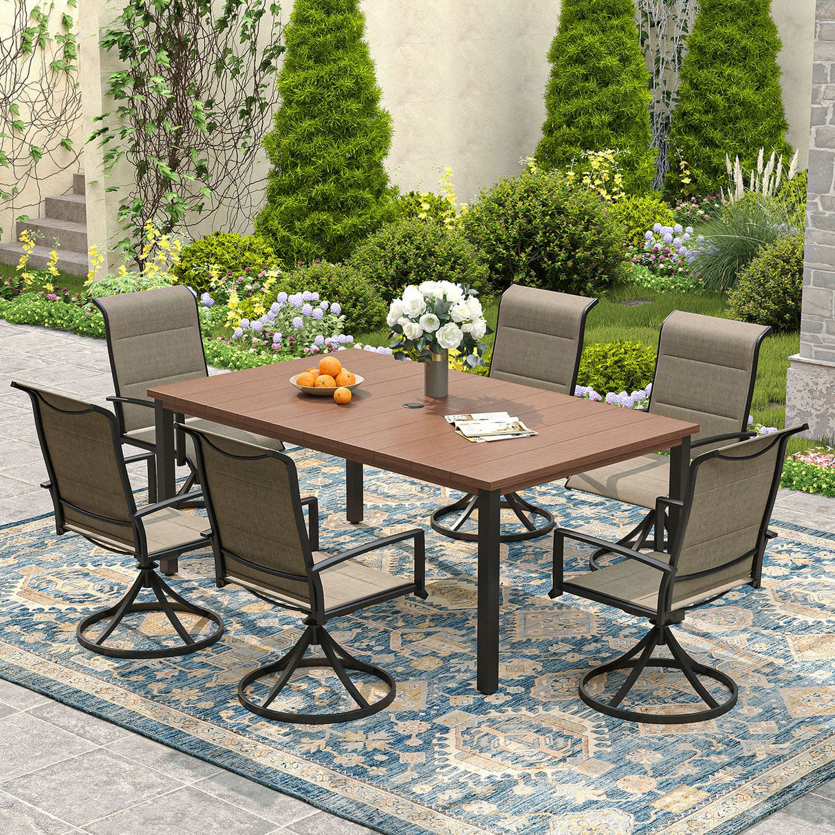 Vicllax 7 Pieces Outdoor Dining Set with Rectangular Dining Table and Padded Swivel Chairs