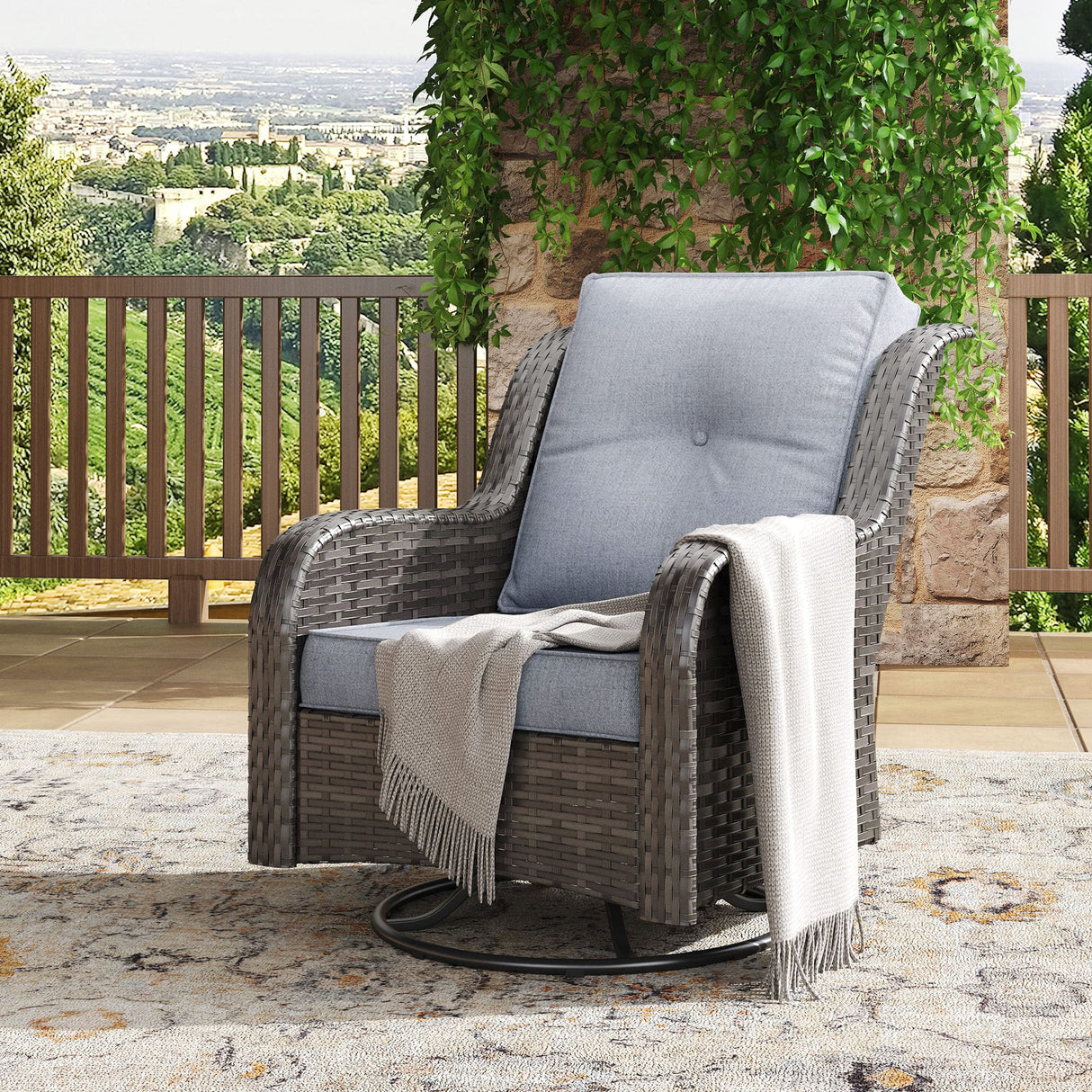 Vicllax Terrace Wide Wicker High-Back Cushioned Sofa, Outdoor Wicker Chair, Double-Seater Balcony Lounge