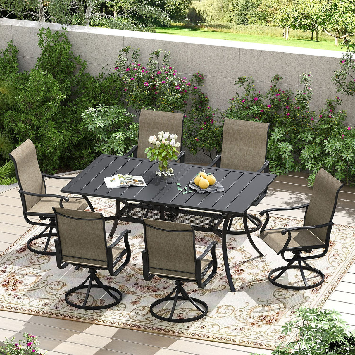 Vicllax 7 Pieces Outdoor Dining Set with Metal Rectangular Table and Premium Swivel Chair