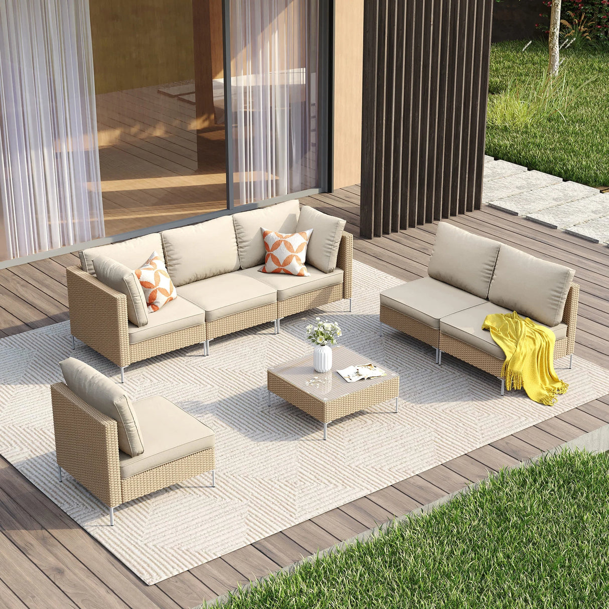 Vicllax 5/7 PCS Wicker Outdoor Conversation Set Patio Sectional Sofas with Glass Coffee Table