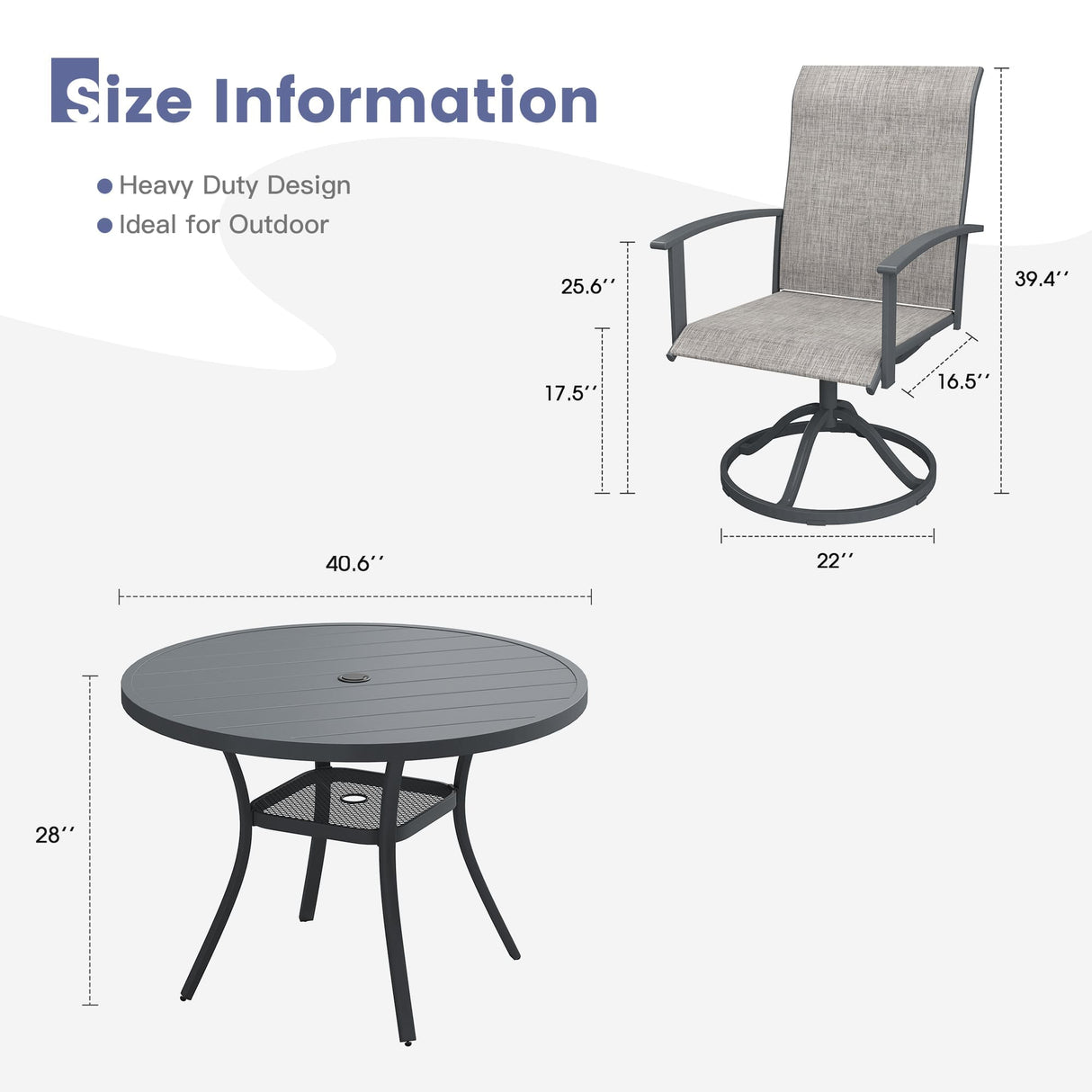 Vicllax 5-Piece Patio Dining Set, 40" Round Dining Table and Patio Swivel Chairs