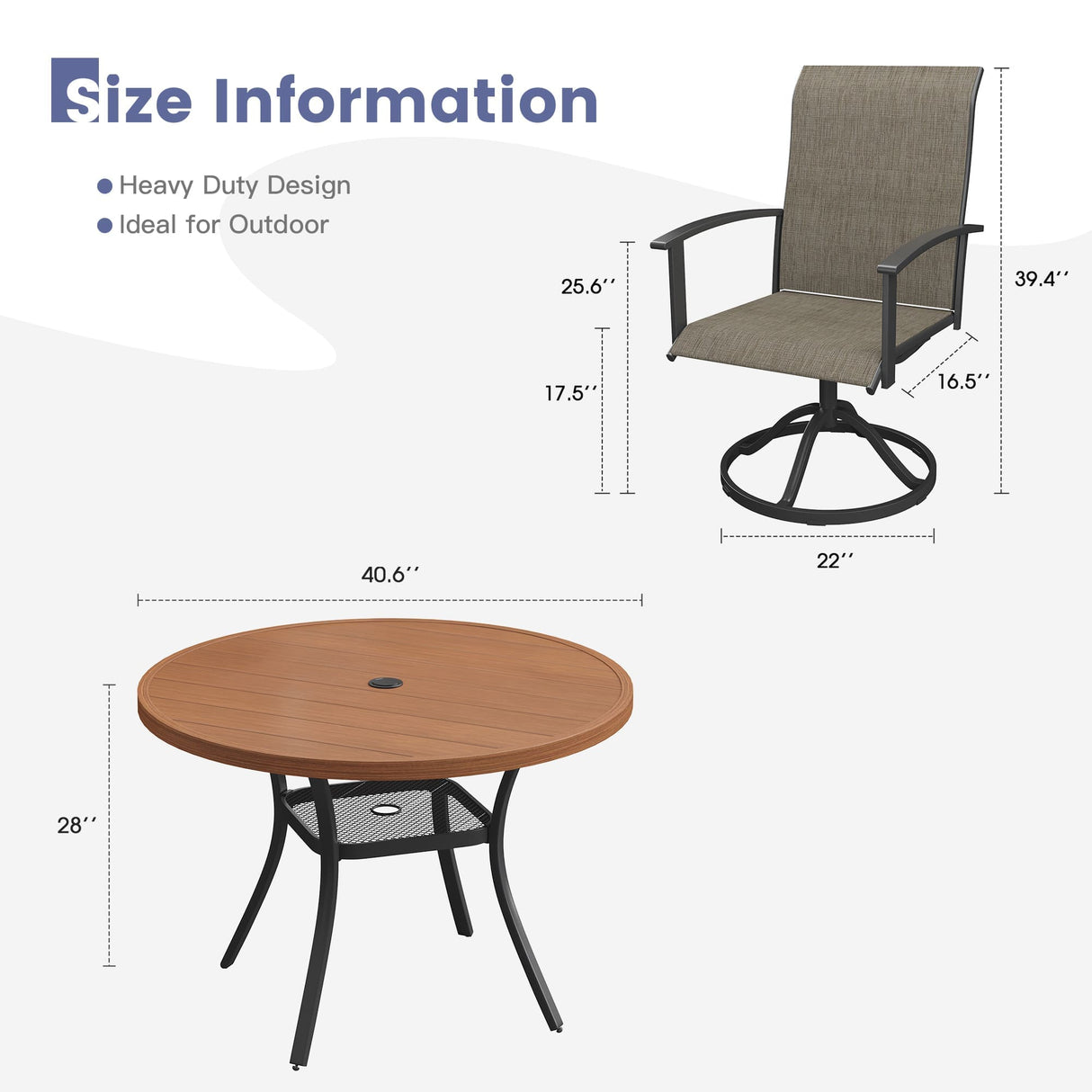 Vicllax 5-Piece Patio Dining Set, 40" Round Dining Table and Patio Swivel Chairs