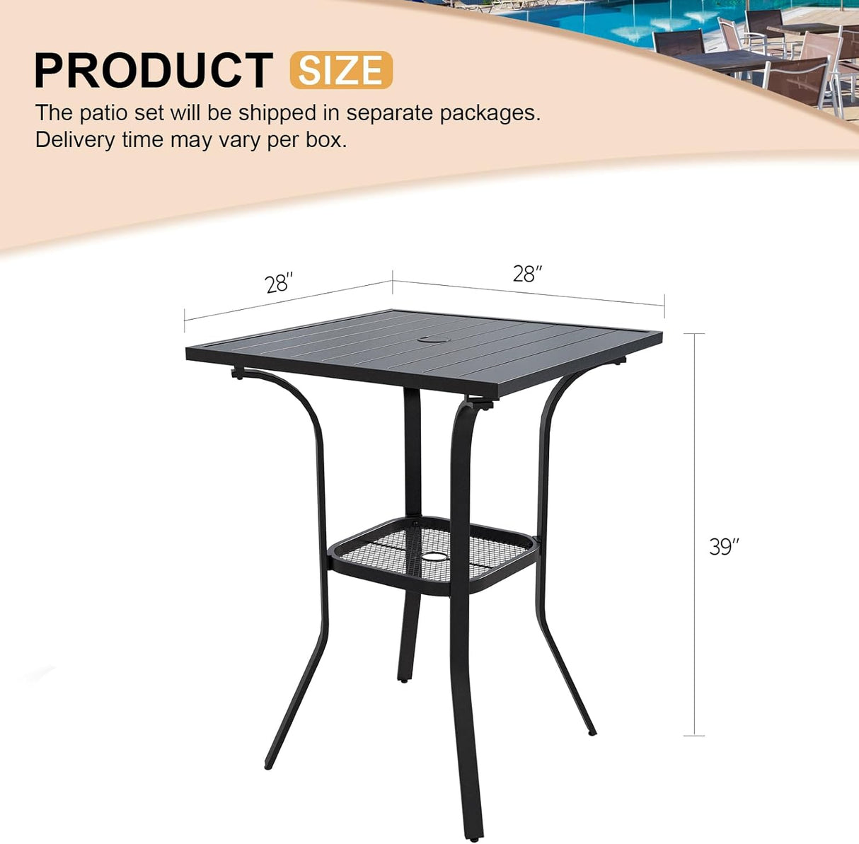 Vicllax Mesa de bar para exteriores con orificio para sombrilla, mesa cuadrada de altura con barra de metal para patio 