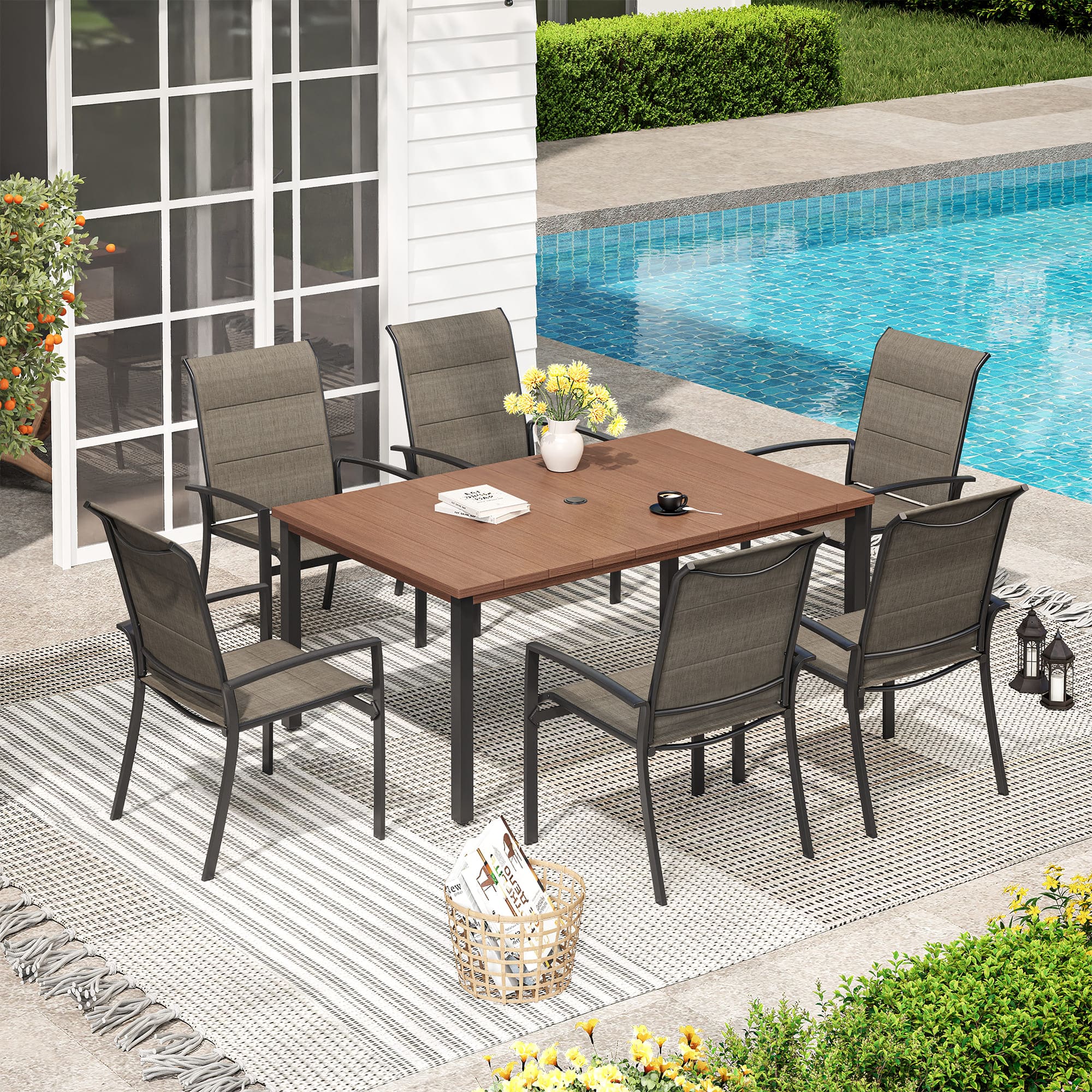 Vicllax 7 Pieces Outdoor Dining Set with Metal Rectangular Table and Stackable Padded Sling Chair