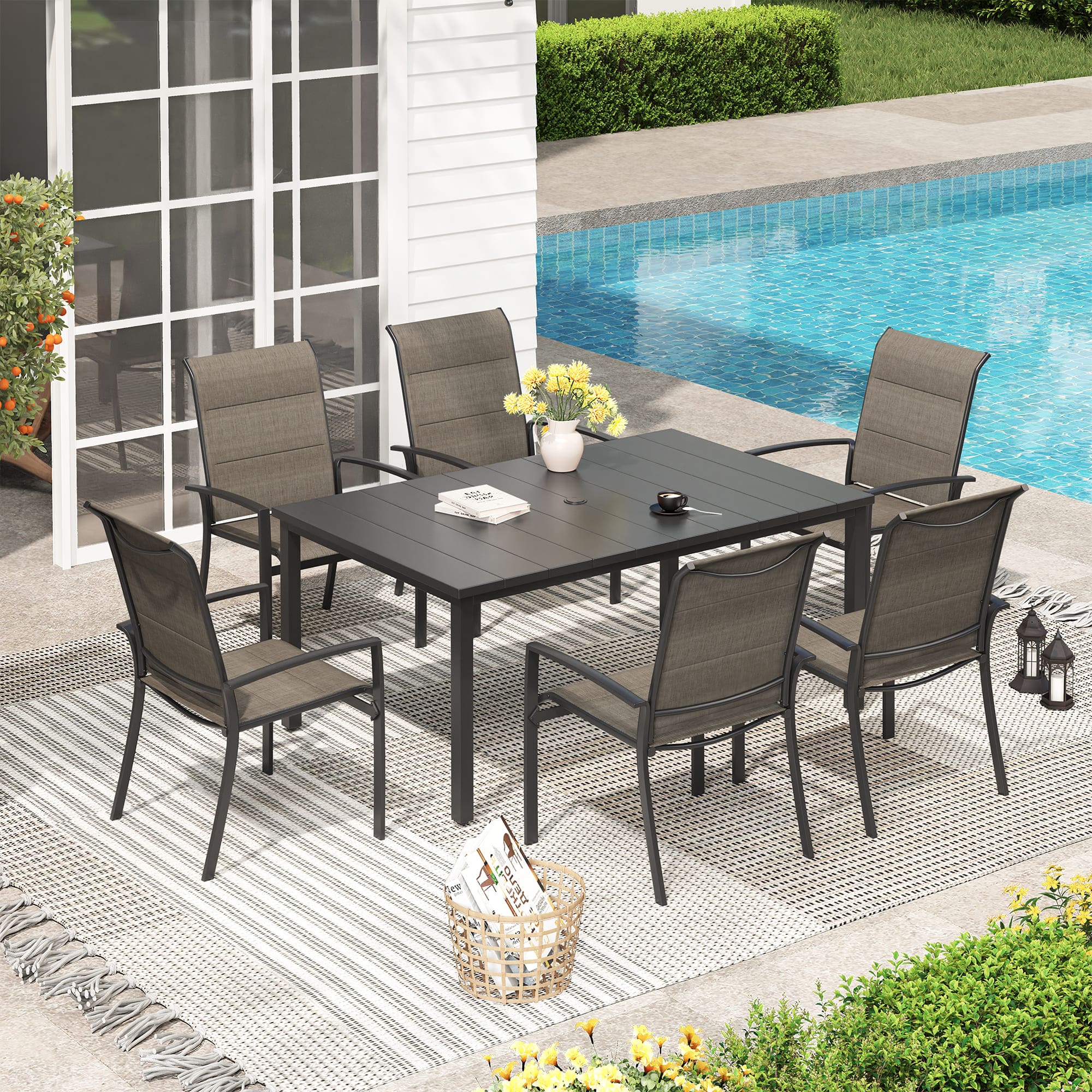 Vicllax 7 Pieces Outdoor Dining Set with Metal Rectangular Table and Stackable Padded Sling Chair