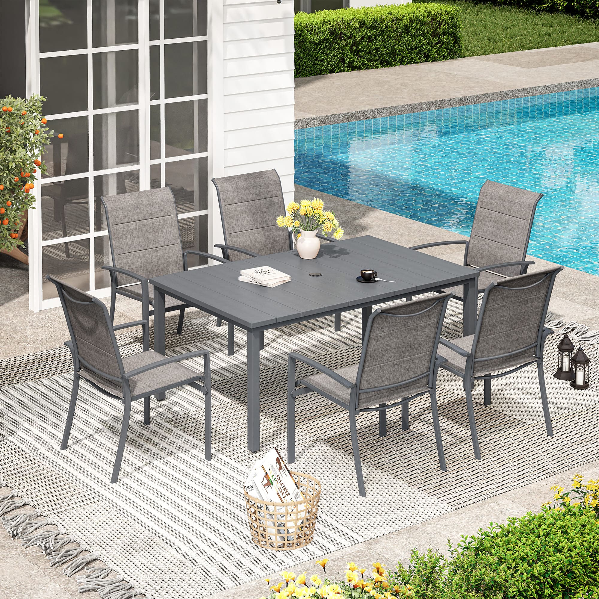 Vicllax 7 Pieces Outdoor Dining Set with Metal Rectangular Table and Stackable Padded Sling Chair
