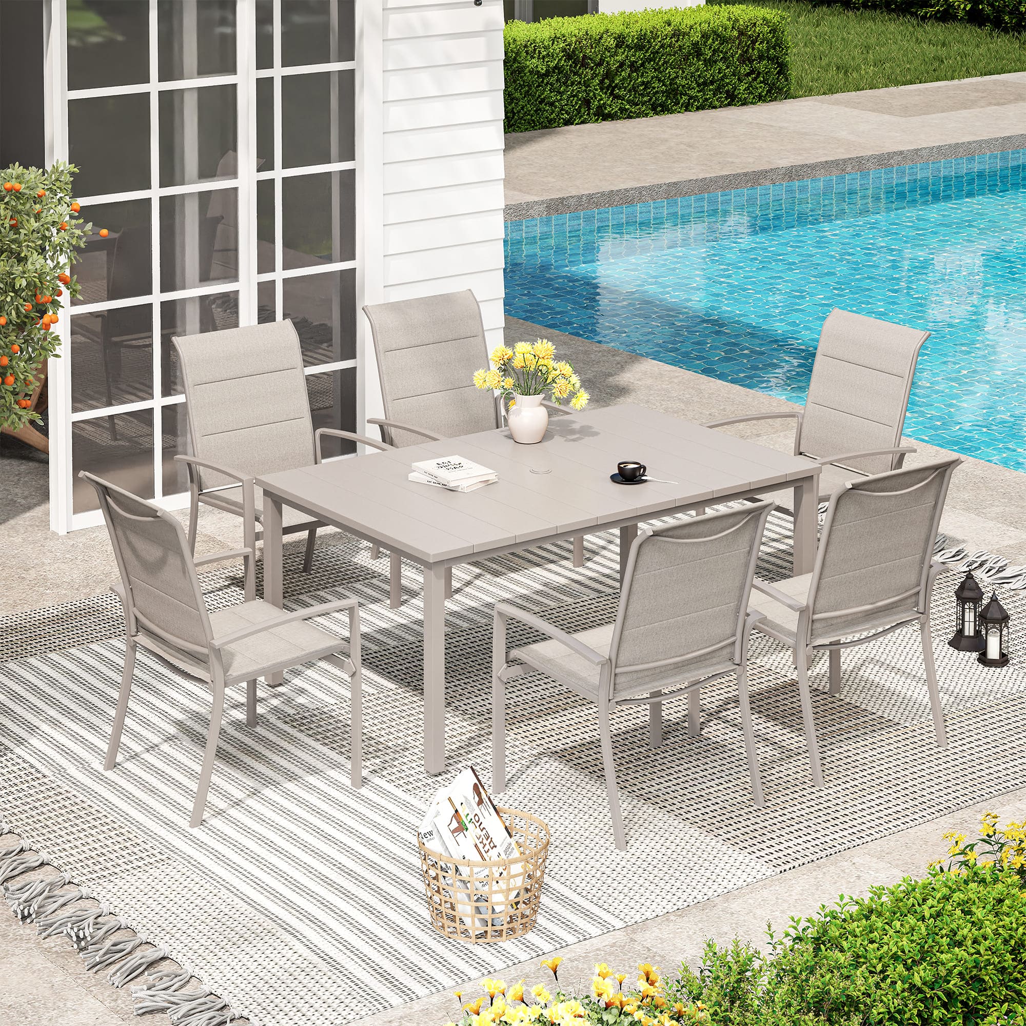 Vicllax 7 Pieces Outdoor Dining Set with Metal Rectangular Table and Stackable Padded Sling Chair
