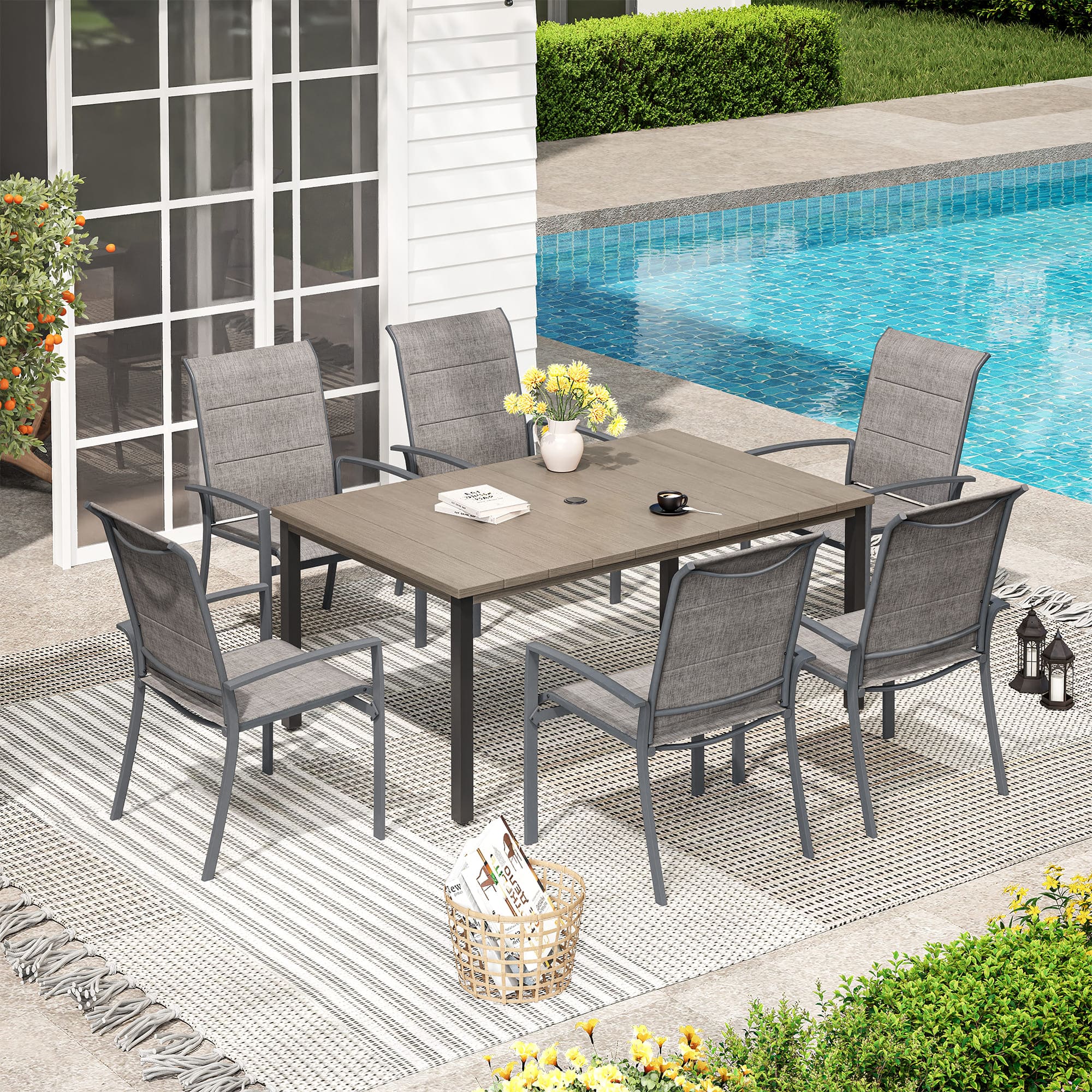 Vicllax 7 Pieces Outdoor Dining Set with Metal Rectangular Table and Stackable Padded Sling Chair
