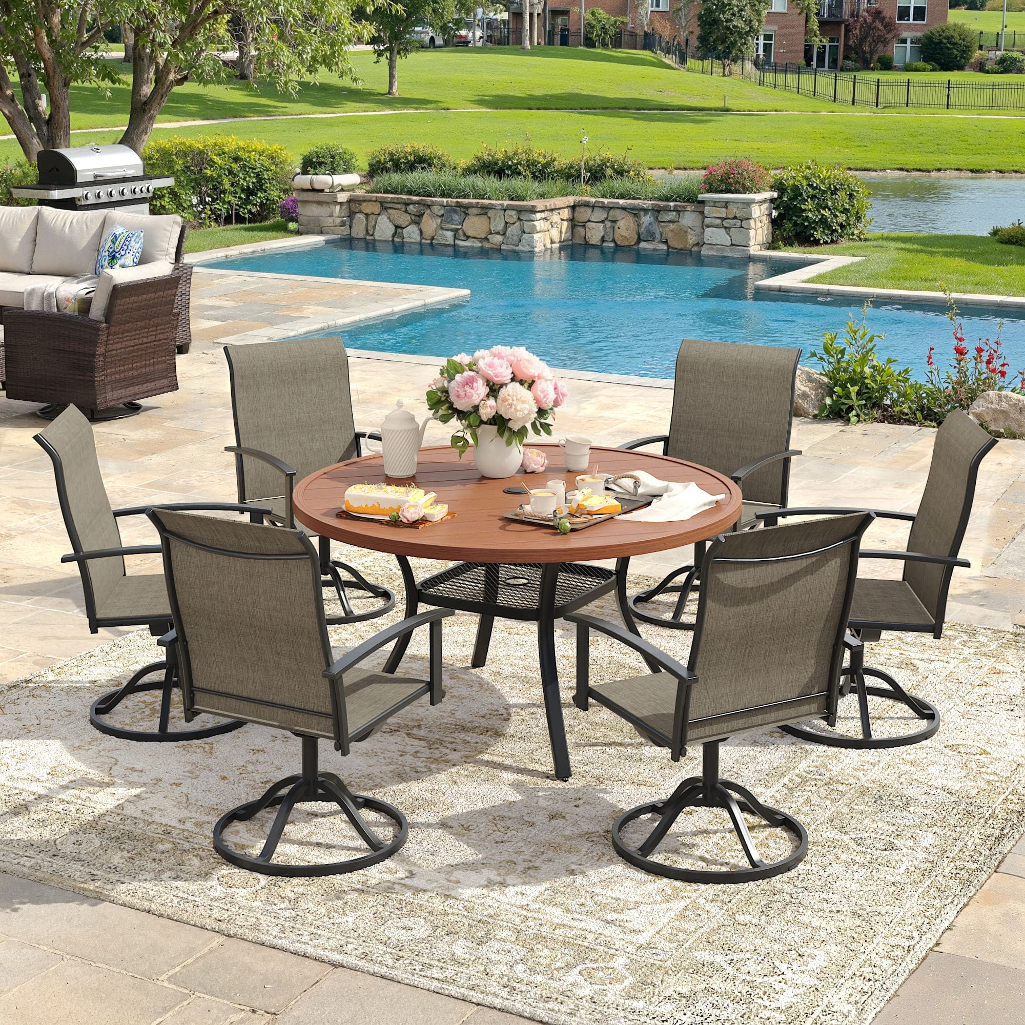 Vicllax Outdoor Dining Set for 6 People, Patio 47" Round Table with Swivel Chair Set
