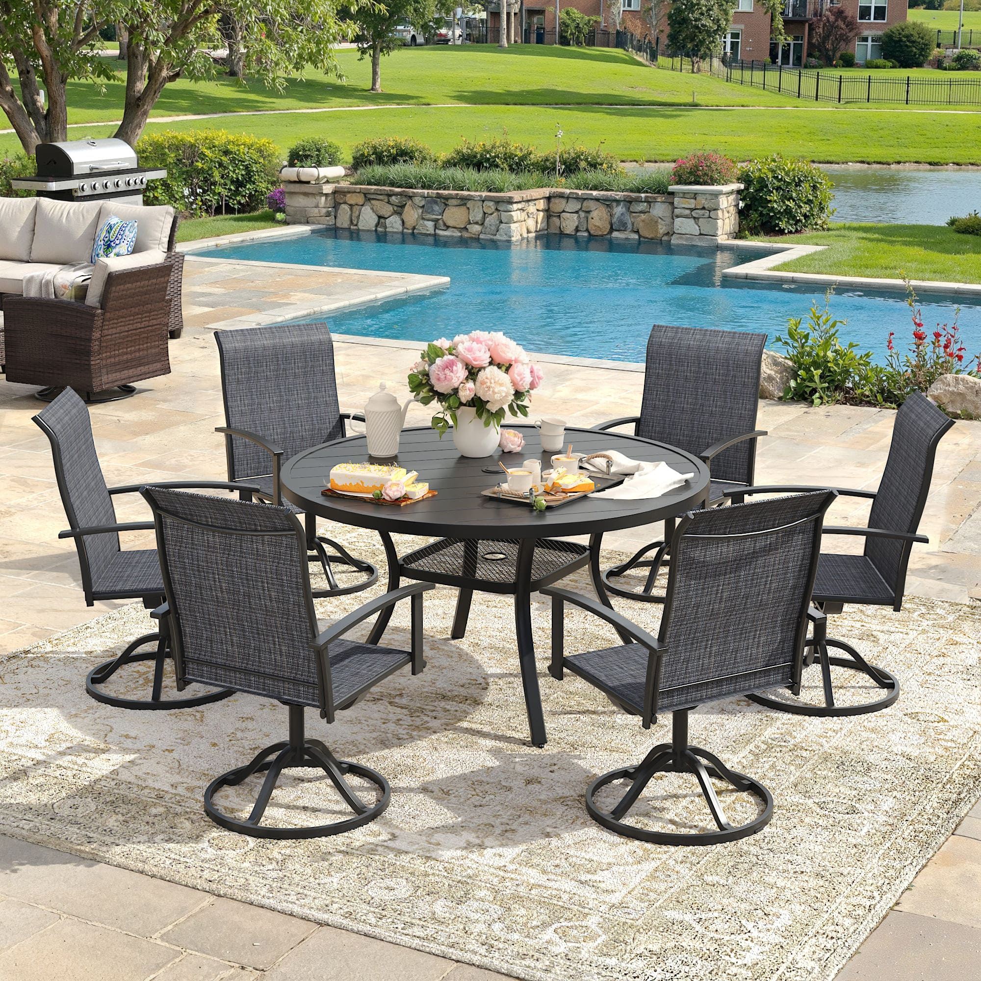 Vicllax Outdoor Dining Set for 6 People, Patio 47" Round Table with Swivel Chair Set