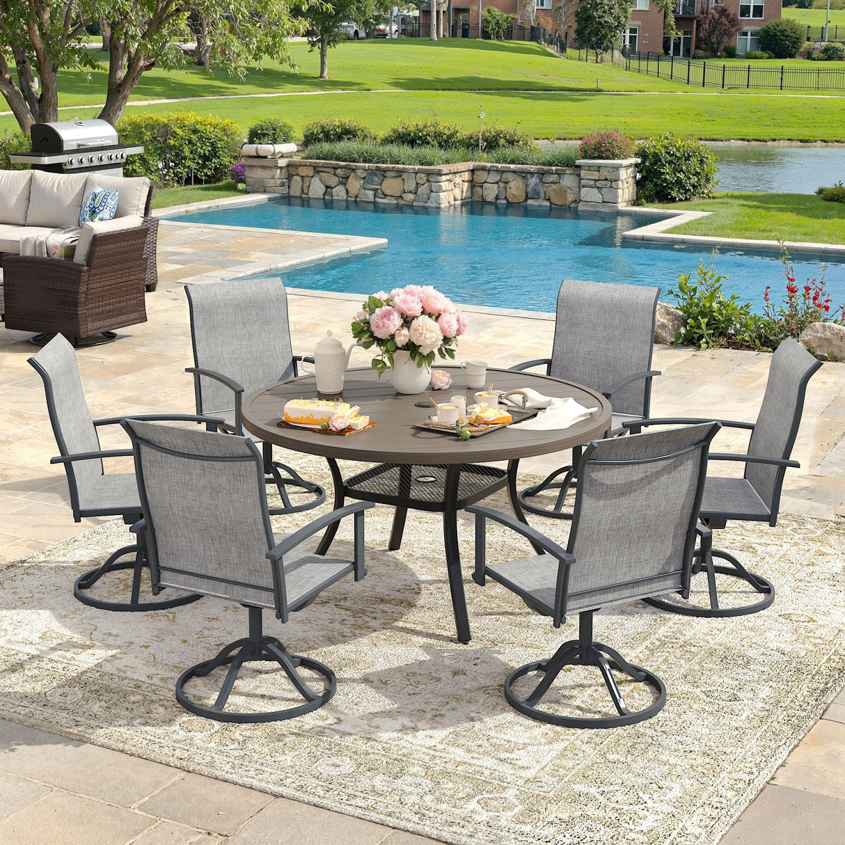 Vicllax Outdoor Dining Set for 6 People, Patio 47" Round Table with 6 Swivel Chairs