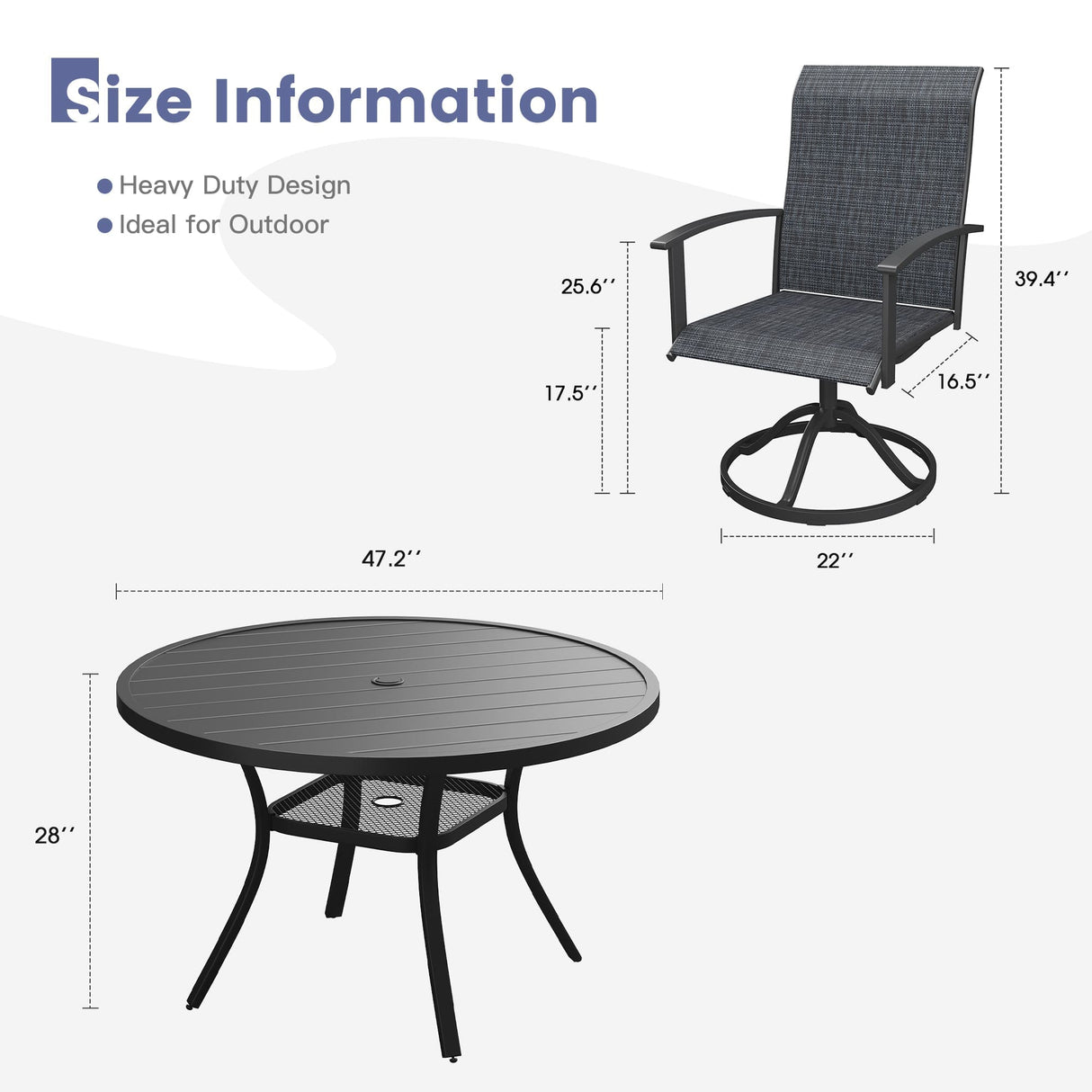 Vicllax Outdoor Dining Set for 6 People, Patio 47" Round Table with 6 Swivel Chairs